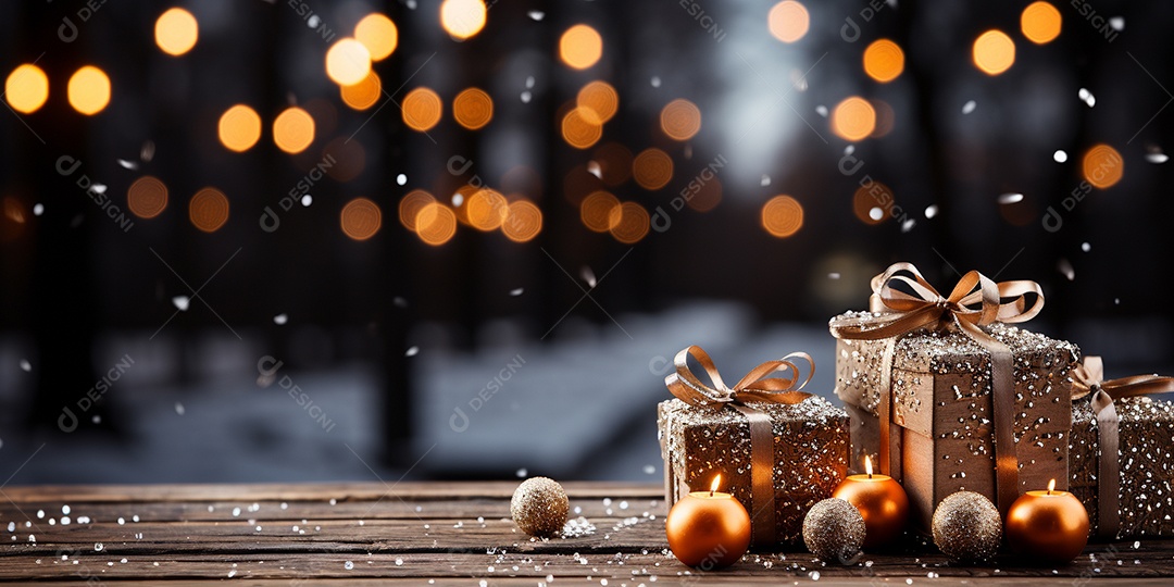 Fundo de Natal com borda de galhos de pinheiro e decorações na mesa de madeira escura