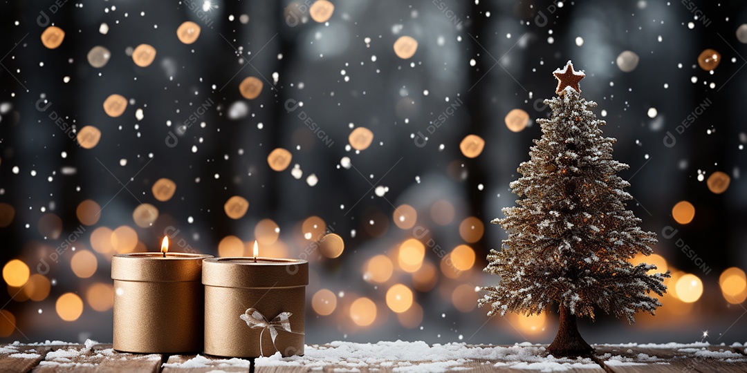 Fundo de Natal com borda de galhos de pinheiro e decorações na mesa de madeira escura