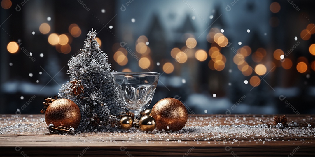 Fundo de Natal com borda de galhos de pinheiro e decorações na mesa de madeira escura