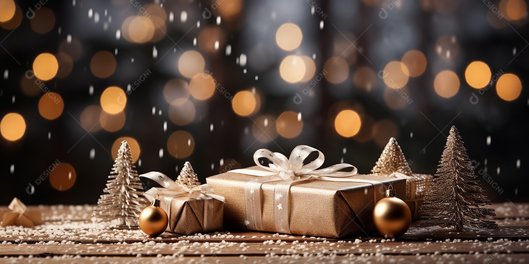 Fundo de Natal com borda de galhos de pinheiro e decorações na mesa de madeira escura