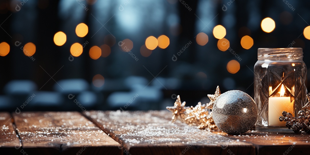 Fundo de Natal com borda de galhos de pinheiro e decorações na mesa de madeira escura