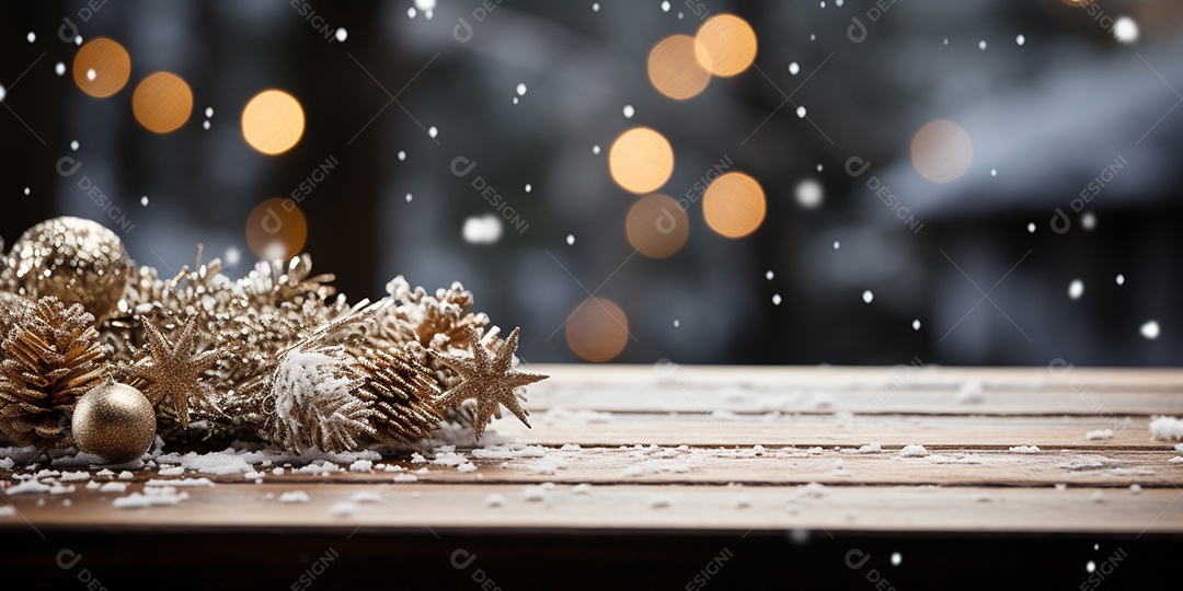 Fundo de Natal com borda de galhos de pinheiro e decorações na mesa de madeira escura