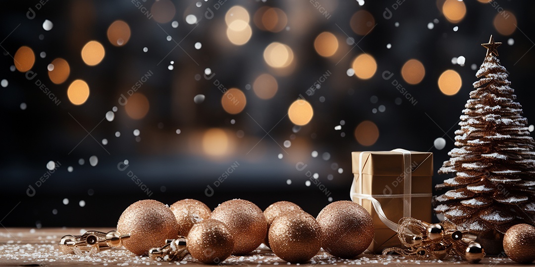 Fundo de Natal com borda de galhos de pinheiro e decorações na mesa de madeira escura