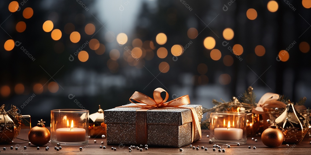 Fundo de Natal com borda de galhos de pinheiro e decorações na mesa de madeira escura