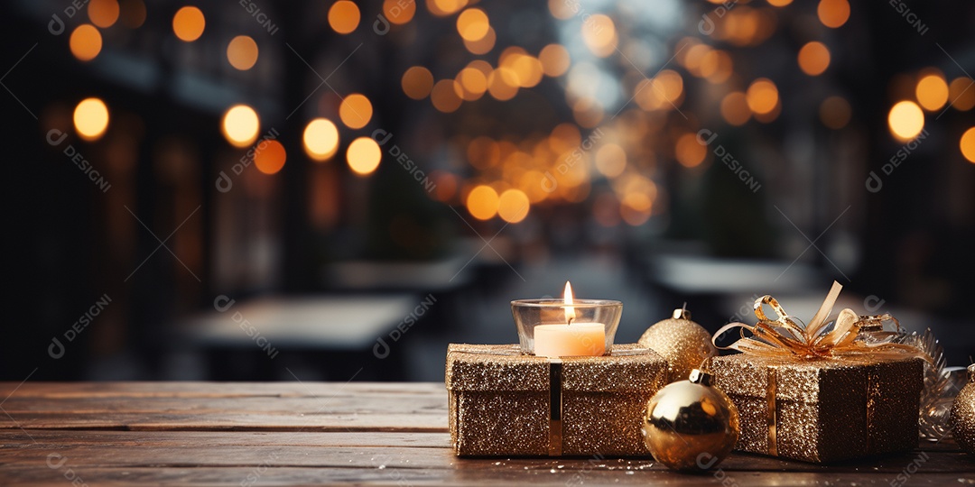 Fundo de Natal com borda de galhos de pinheiro e decorações na mesa de madeira escura