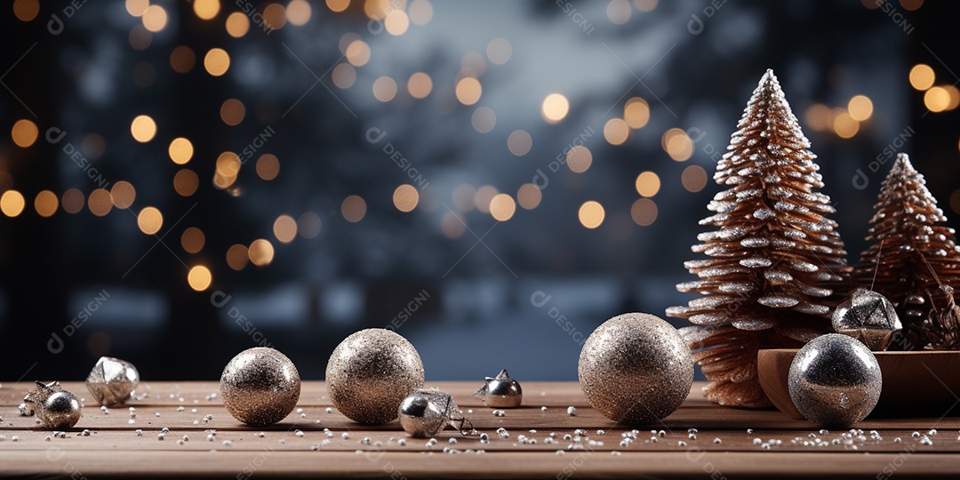 Fundo de Natal com borda de galhos de pinheiro e decorações na mesa de madeira escura