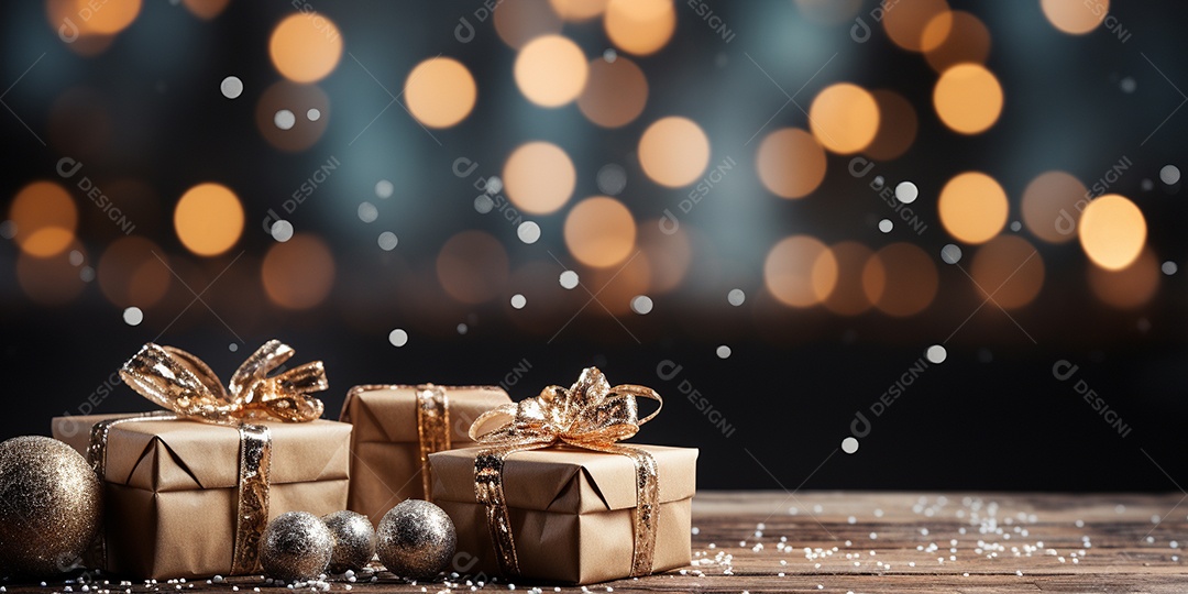 Fundo de Natal com borda de galhos de pinheiro e decorações na mesa de madeira escura