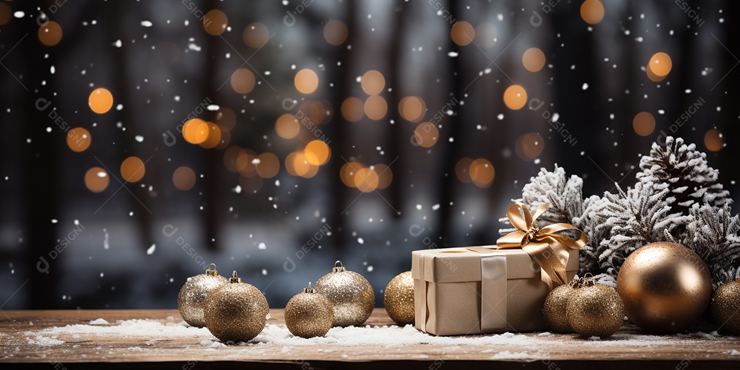 Fundo de Natal com borda de galhos de pinheiro e decorações na mesa de madeira escura