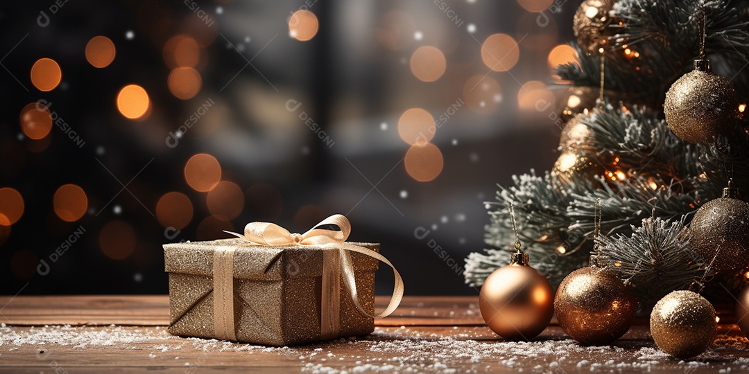 Fundo de Natal com borda de galhos de pinheiro e decorações na mesa de madeira escura