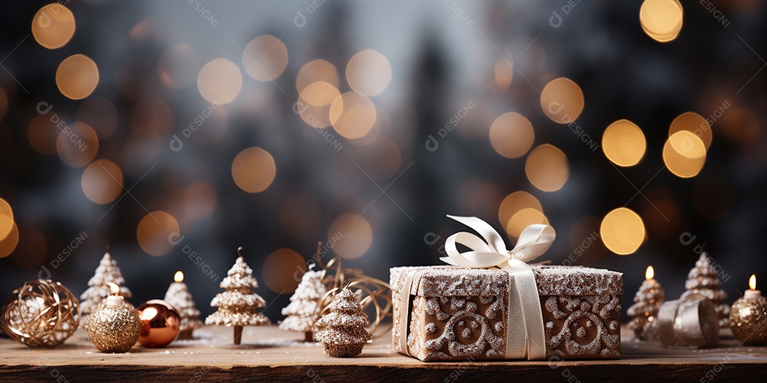 Fundo de Natal com borda de galhos de pinheiro e decorações na mesa de madeira escura