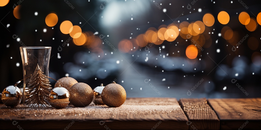 Fundo de Natal com borda de galhos de pinheiro e decorações na mesa de madeira escura