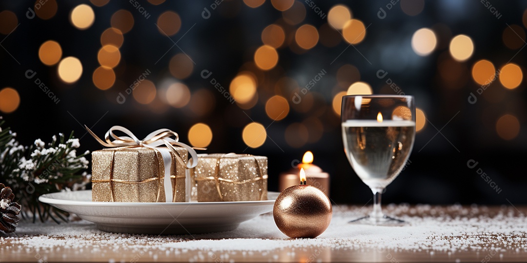 Fundo de Natal com borda de galhos de pinheiro e decorações na mesa de madeira escura