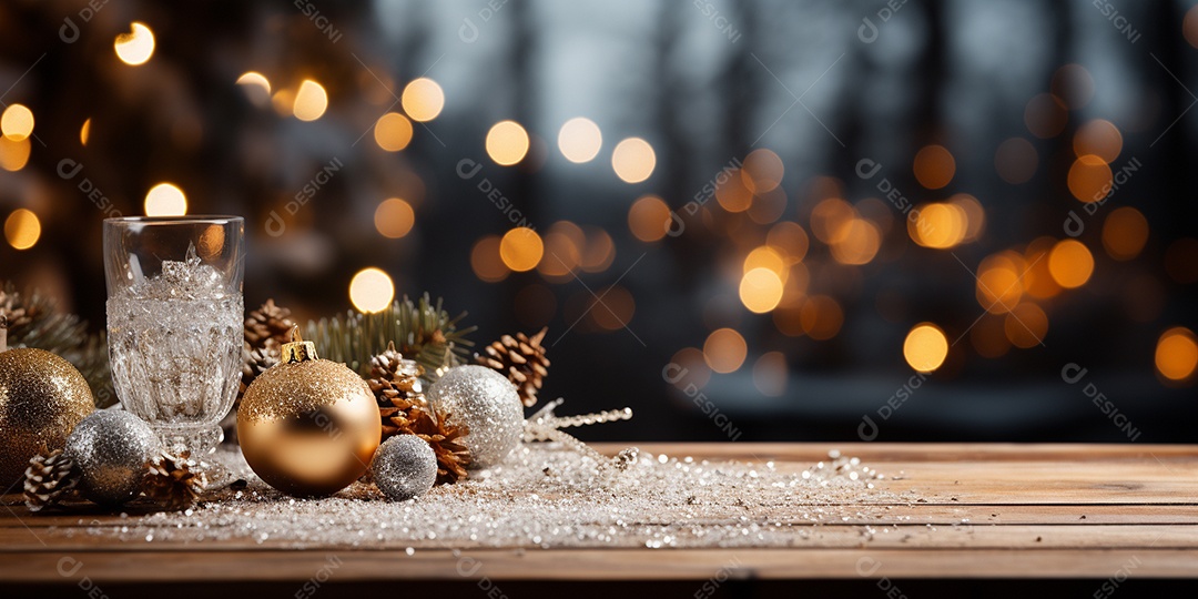 Fundo de Natal com borda de galhos de pinheiro e decorações na mesa de madeira escura