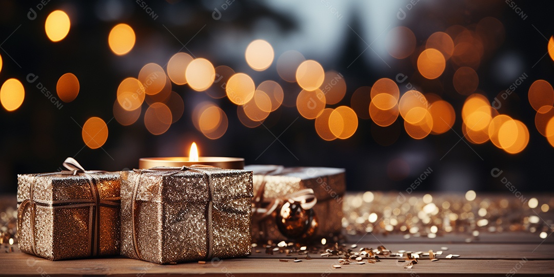 Fundo de Natal com borda de galhos de pinheiro e decorações na mesa de madeira escura