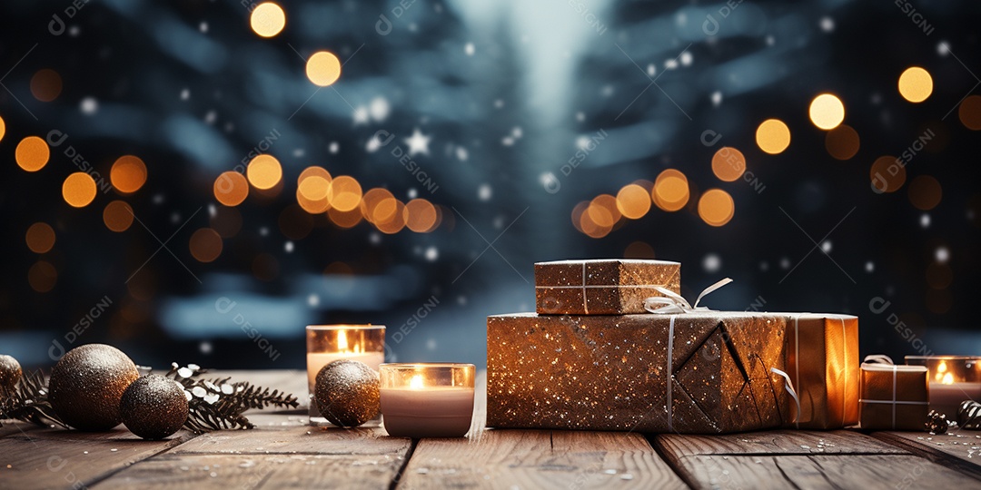 Fundo de Natal com borda de galhos de pinheiro e decorações na mesa de madeira escura