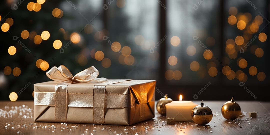 Fundo de Natal com borda de galhos de pinheiro e decorações na mesa de madeira escura