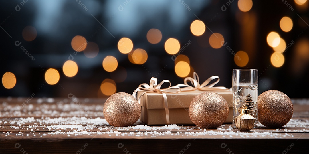 Fundo de Natal com borda de galhos de pinheiro e decorações na mesa de madeira escura