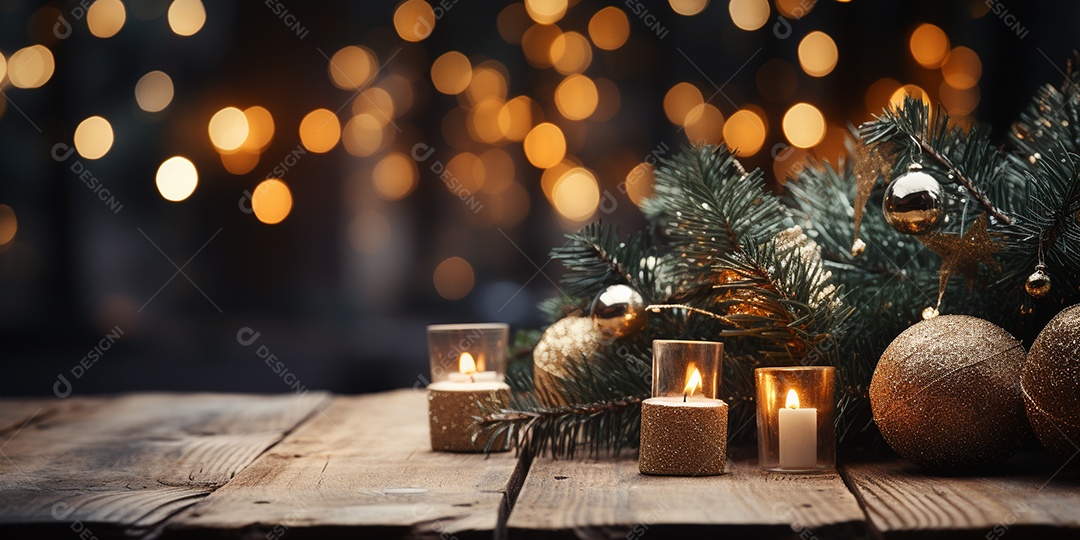 Fundo de Natal com borda de galhos de pinheiro e decorações na mesa de madeira escura
