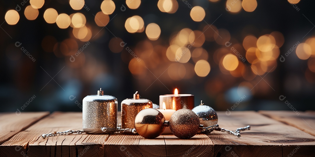 Fundo de Natal com borda de galhos de pinheiro e decorações na mesa de madeira escura