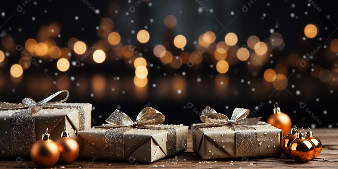 Fundo de Natal com borda de galhos de pinheiro e decorações na mesa de madeira escura