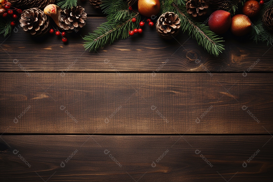 Fundo de Natal com borda de galhos de pinheiro e decorações na mesa de madeira escura