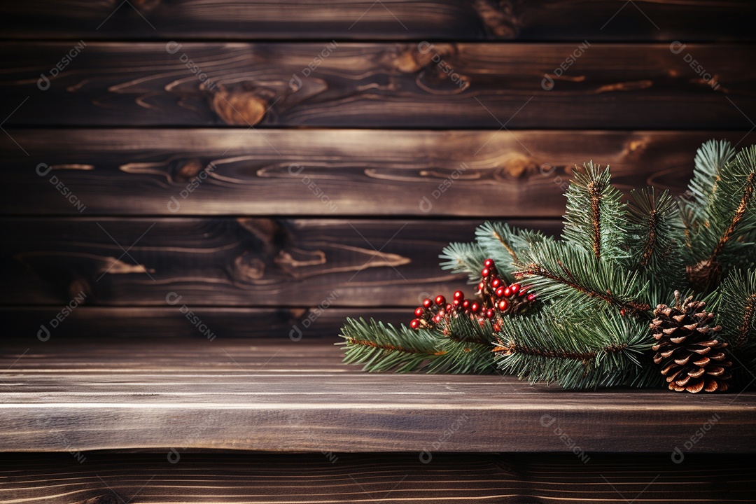 Fundo de Natal com borda de galhos de pinheiro e decorações na mesa de madeira escura