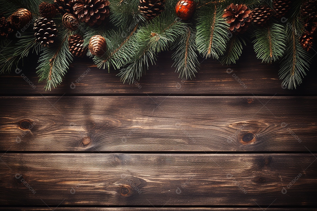 Fundo de Natal com borda de galhos de pinheiro e decorações na mesa de madeira escura