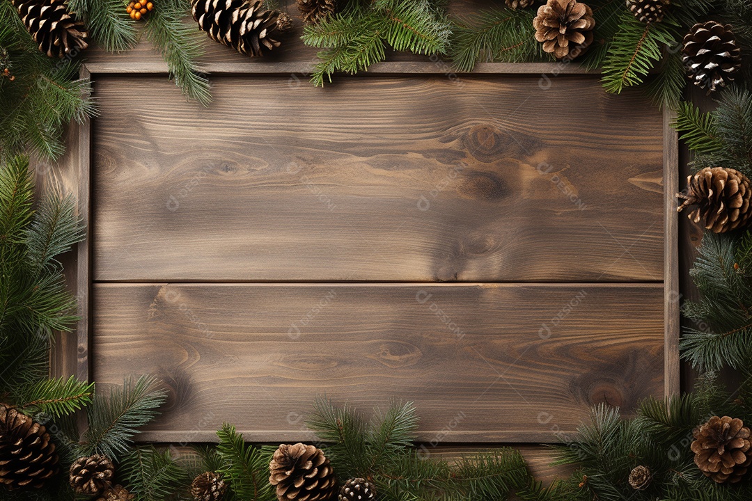 Fundo de Natal com borda de galhos de pinheiro e decorações na mesa de madeira escura