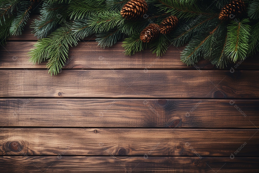 Fundo de Natal com borda de galhos de pinheiro e decorações na mesa de madeira escura