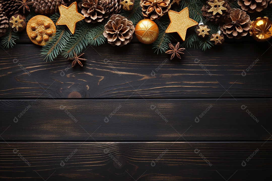 Fundo de Natal com borda de galhos de pinheiro e decorações na mesa de madeira escura