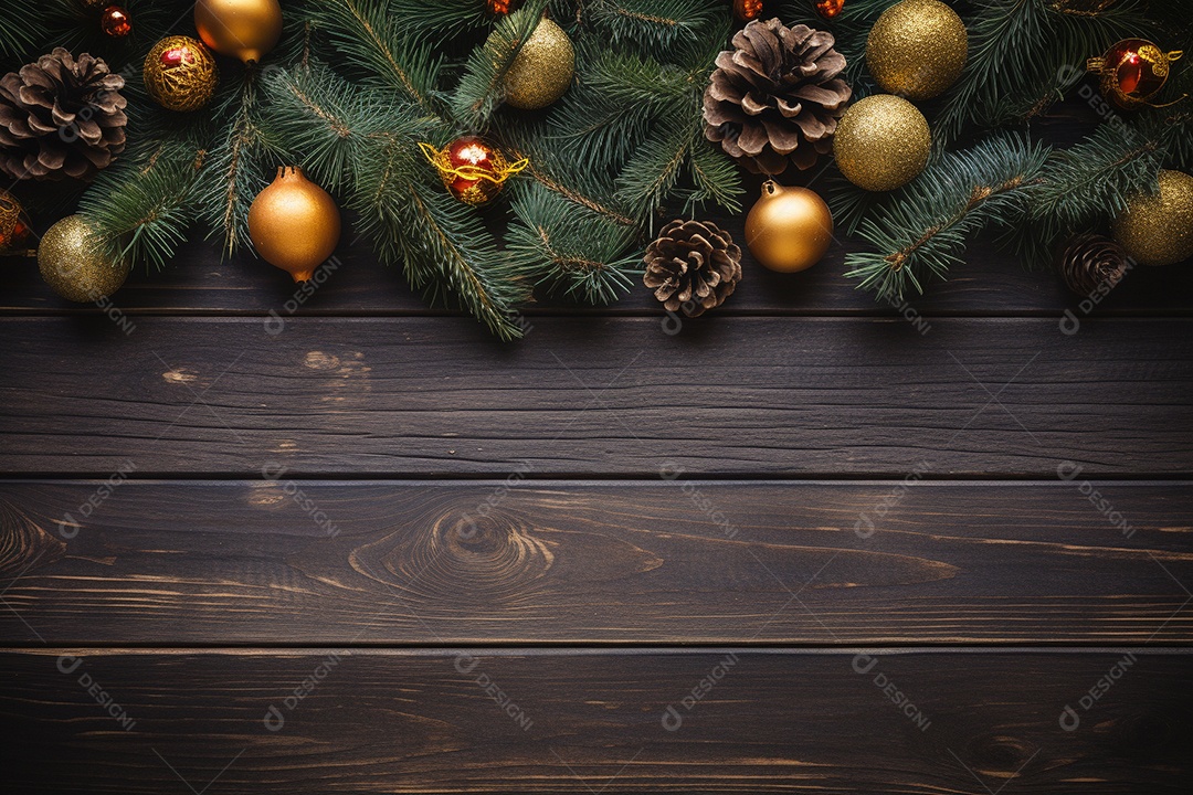 Fundo de Natal com borda de galhos de pinheiro e decorações na mesa de madeira escura