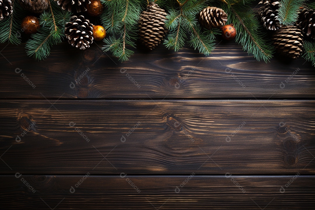 Fundo de Natal com borda de galhos de pinheiro e decorações na mesa de madeira escura