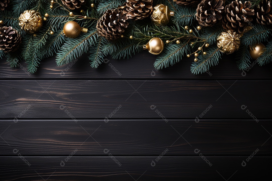 Fundo de Natal com borda de galhos de pinheiro e decorações na mesa de madeira escura