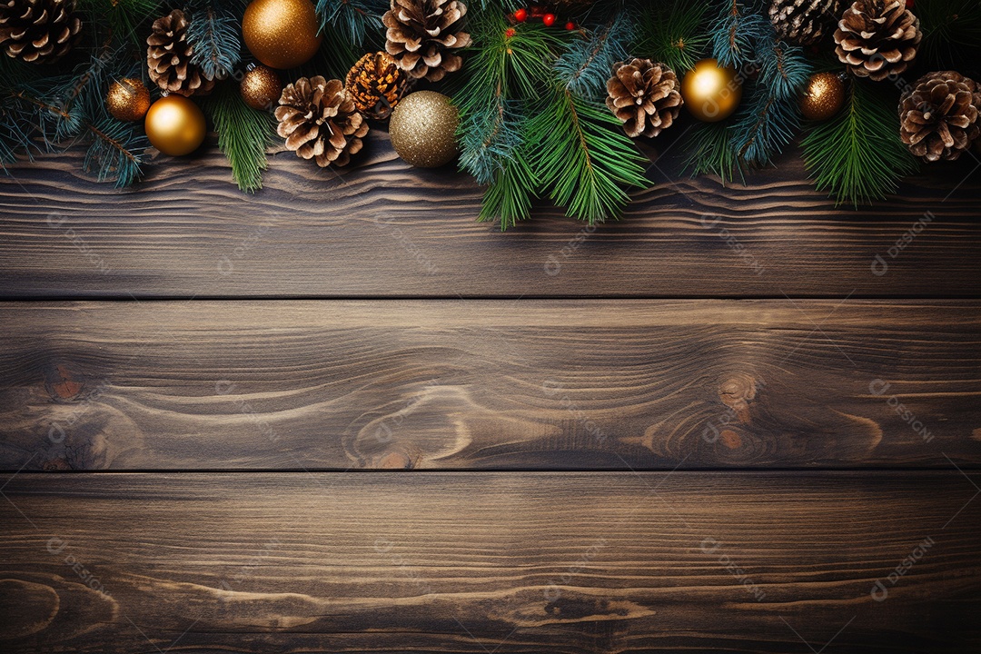Fundo de Natal com borda de galhos de pinheiro e decorações na mesa de madeira escura
