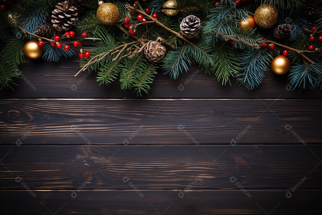 Fundo de Natal com borda de galhos de pinheiro e decorações na mesa de madeira escura
