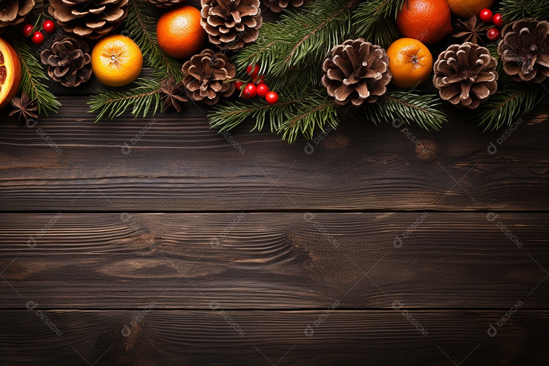 Fundo de Natal com borda de galhos de pinheiro e decorações na mesa de madeira escura