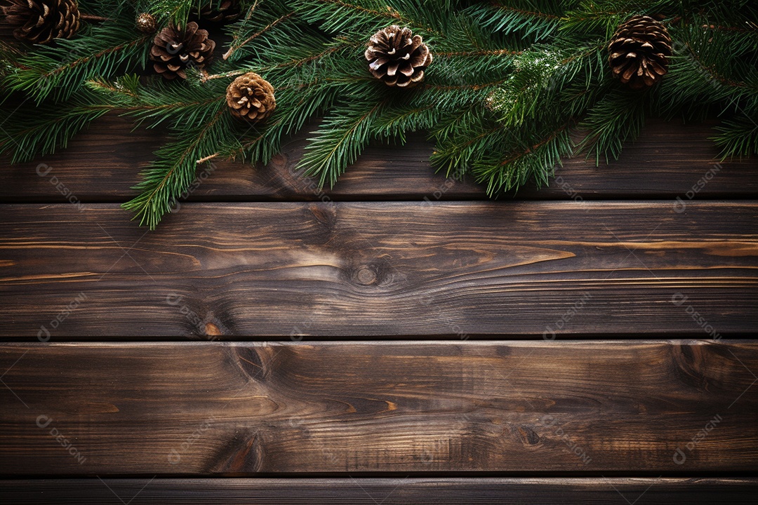 Fundo de Natal com borda de galhos de pinheiro e decorações na mesa de madeira escura