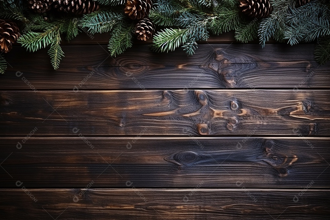 Fundo de Natal com borda de galhos de pinheiro e decorações na mesa de madeira escura