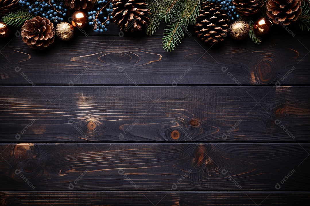 Fundo de Natal com borda de galhos de pinheiro e decorações na mesa de madeira escura