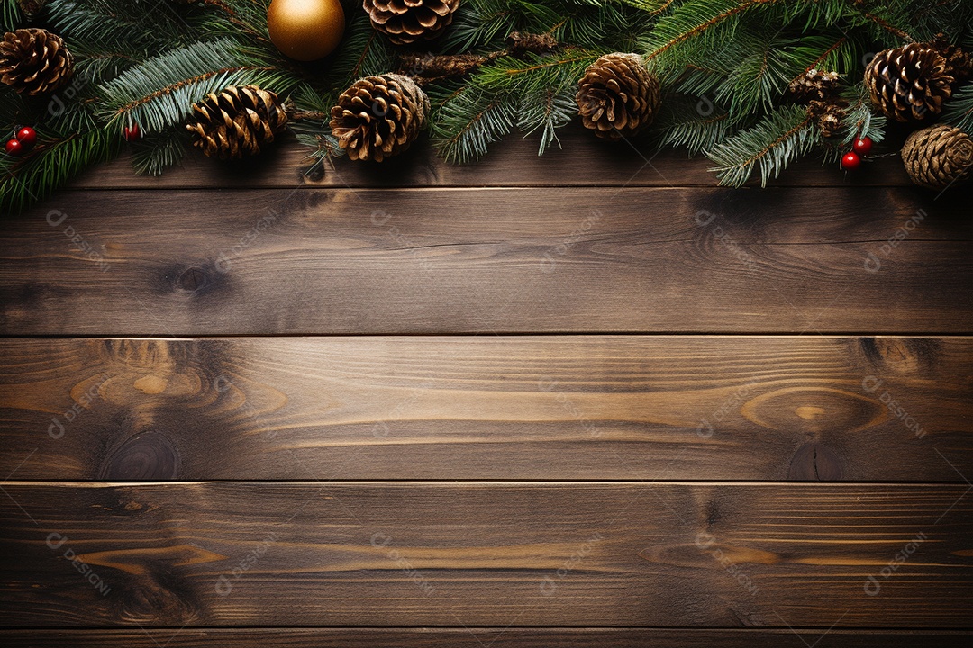 Fundo de Natal com borda de galhos de pinheiro e decorações na mesa de madeira escura