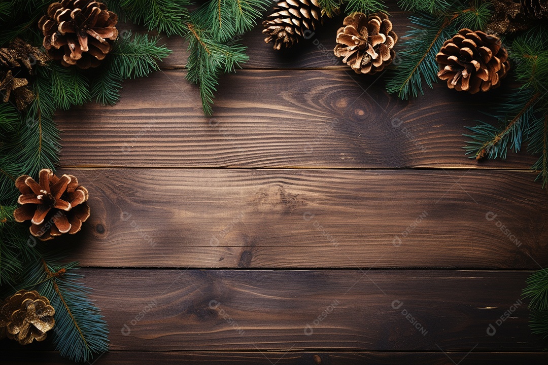 Fundo de Natal com borda de galhos de pinheiro e decorações na mesa de madeira escura