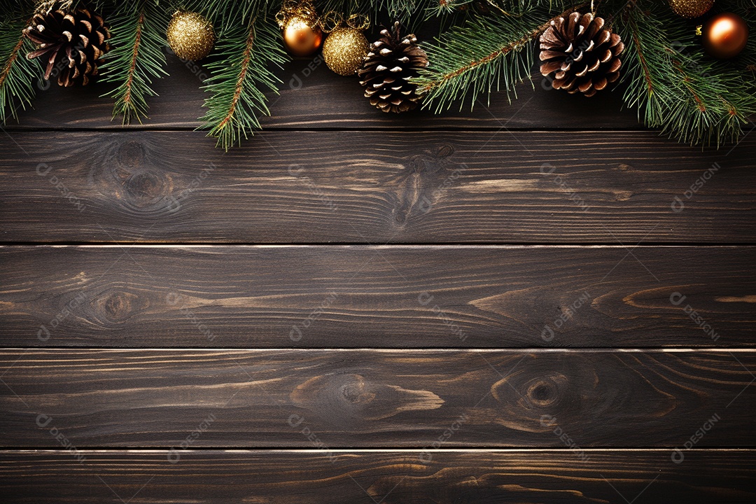 Fundo de Natal com borda de galhos de pinheiro e decorações na mesa de madeira escura