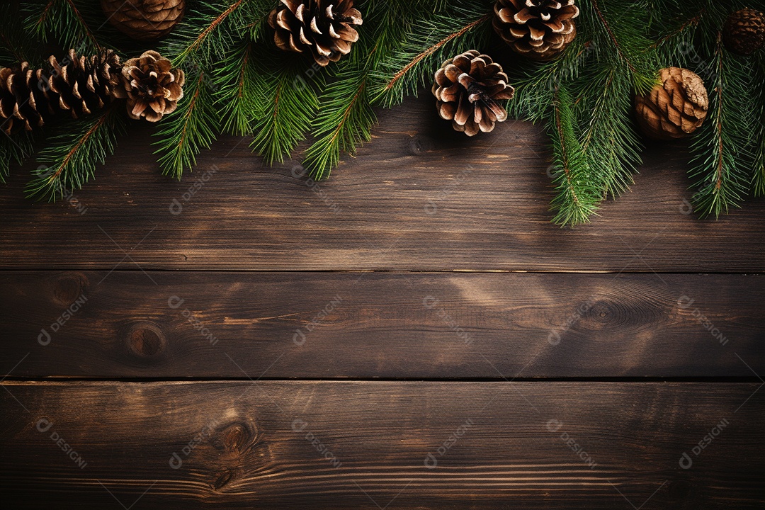 Fundo de Natal com borda de galhos de pinheiro e decorações na mesa de madeira escura