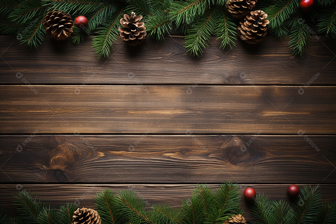 Fundo de Natal com borda de galhos de pinheiro e decorações na mesa de madeira escura