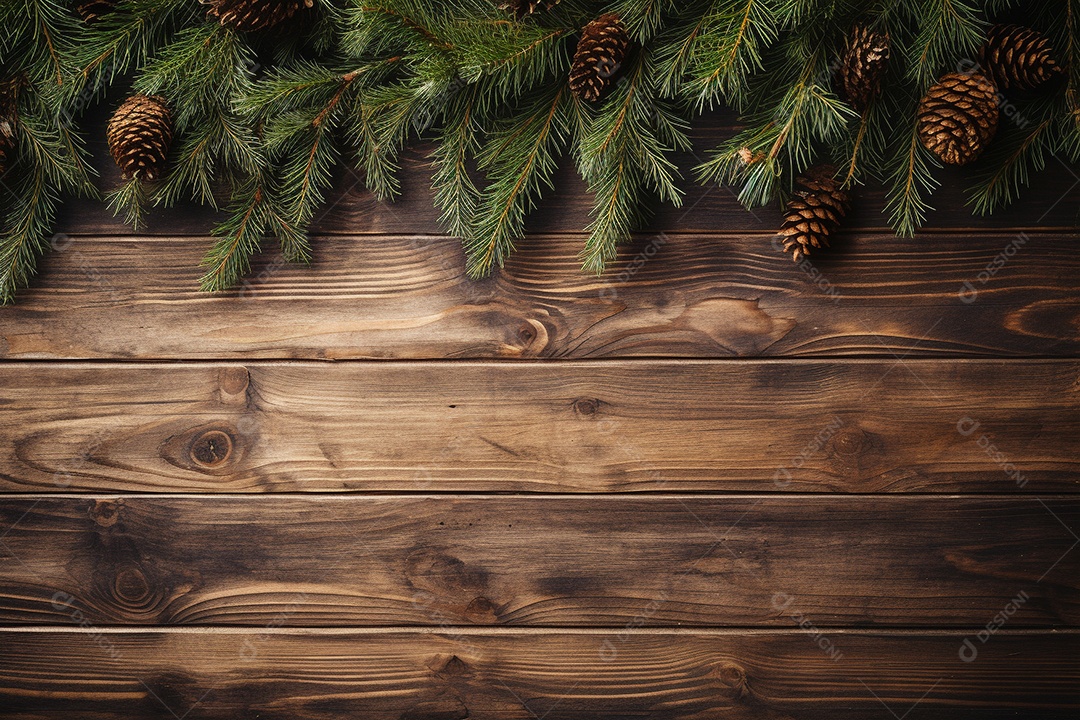 Fundo de Natal com borda de galhos de pinheiro e decorações na mesa de madeira escura