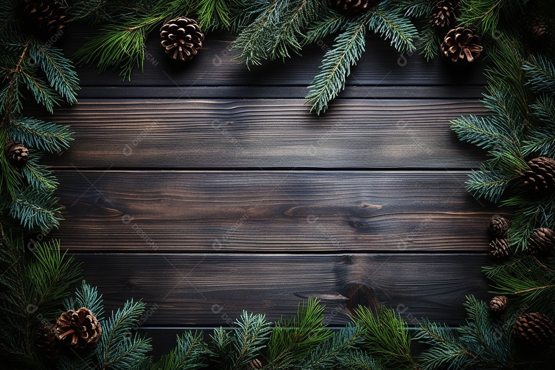 Fundo de Natal com borda de galhos de pinheiro e decorações na mesa de madeira escura