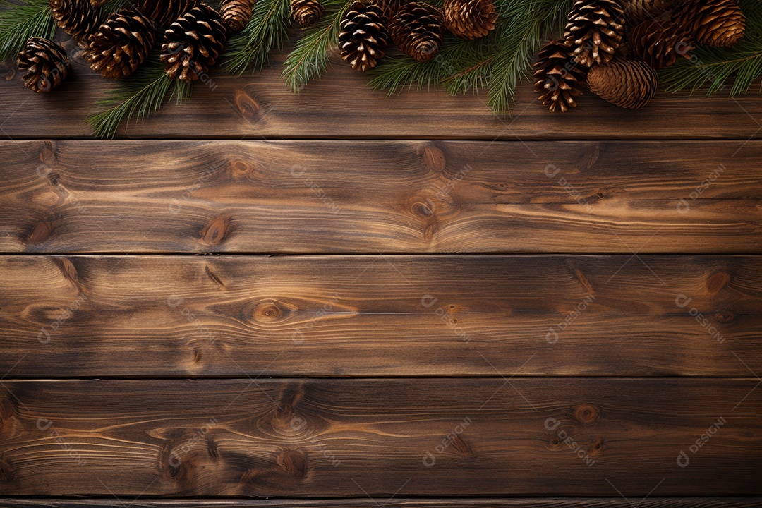 Fundo de Natal com borda de galhos de pinheiro e decorações na mesa de madeira escura