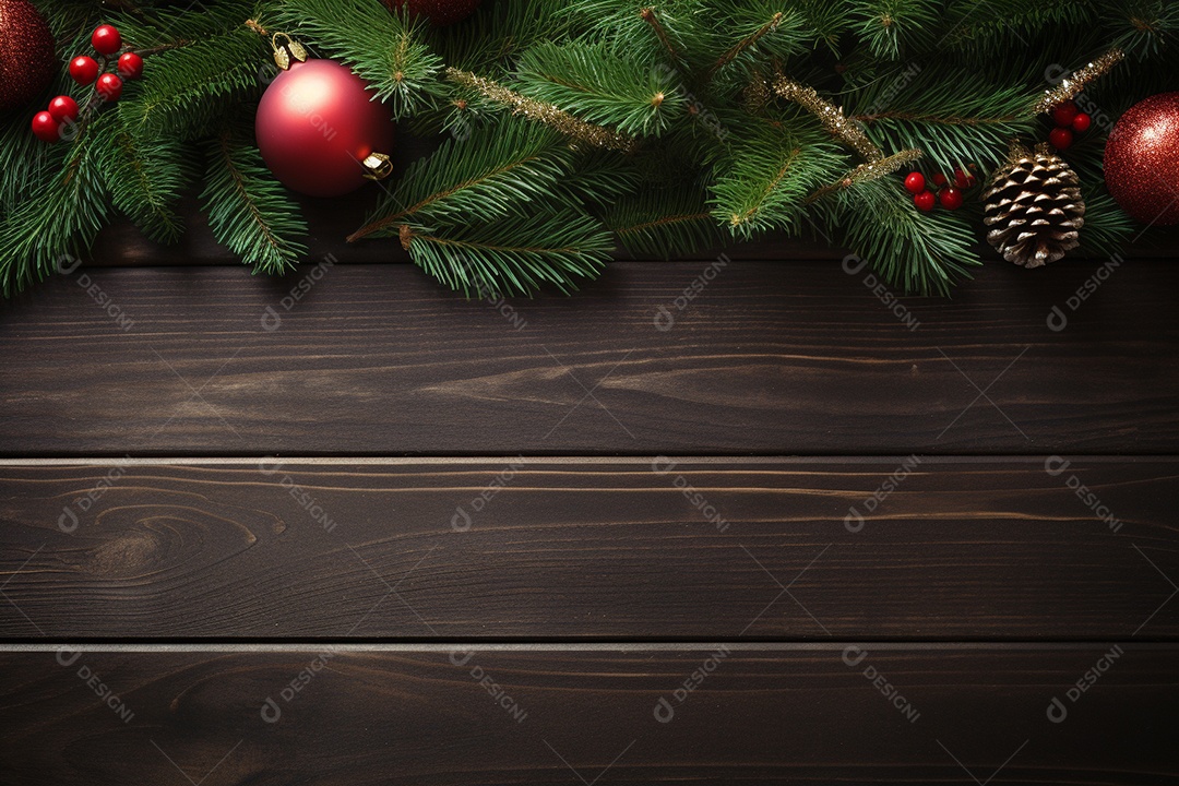 Fundo de Natal com borda de galhos de pinheiro e decorações na mesa de madeira escura