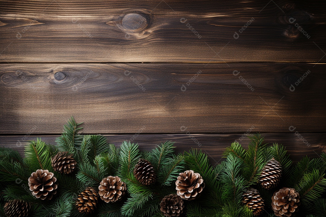 Fundo de Natal com borda de galhos de pinheiro e decorações na mesa de madeira escura