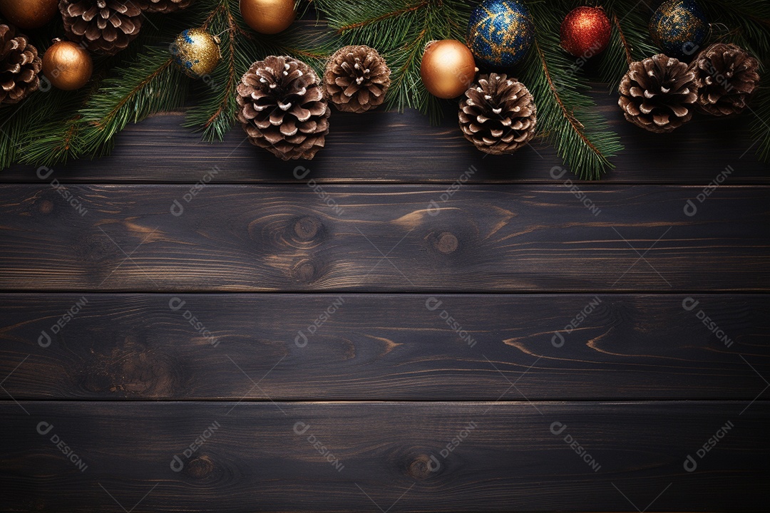 Fundo de Natal com borda de galhos de pinheiro e decorações na mesa de madeira escura